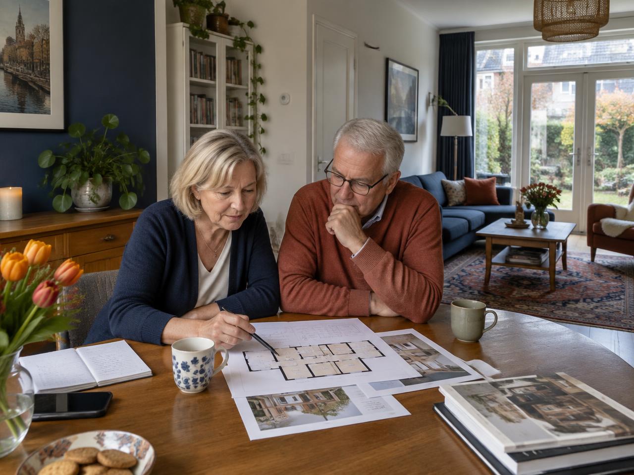 Nederlands stel bespreekt thuis een plattegrond voor een mogelijke volgende woning.