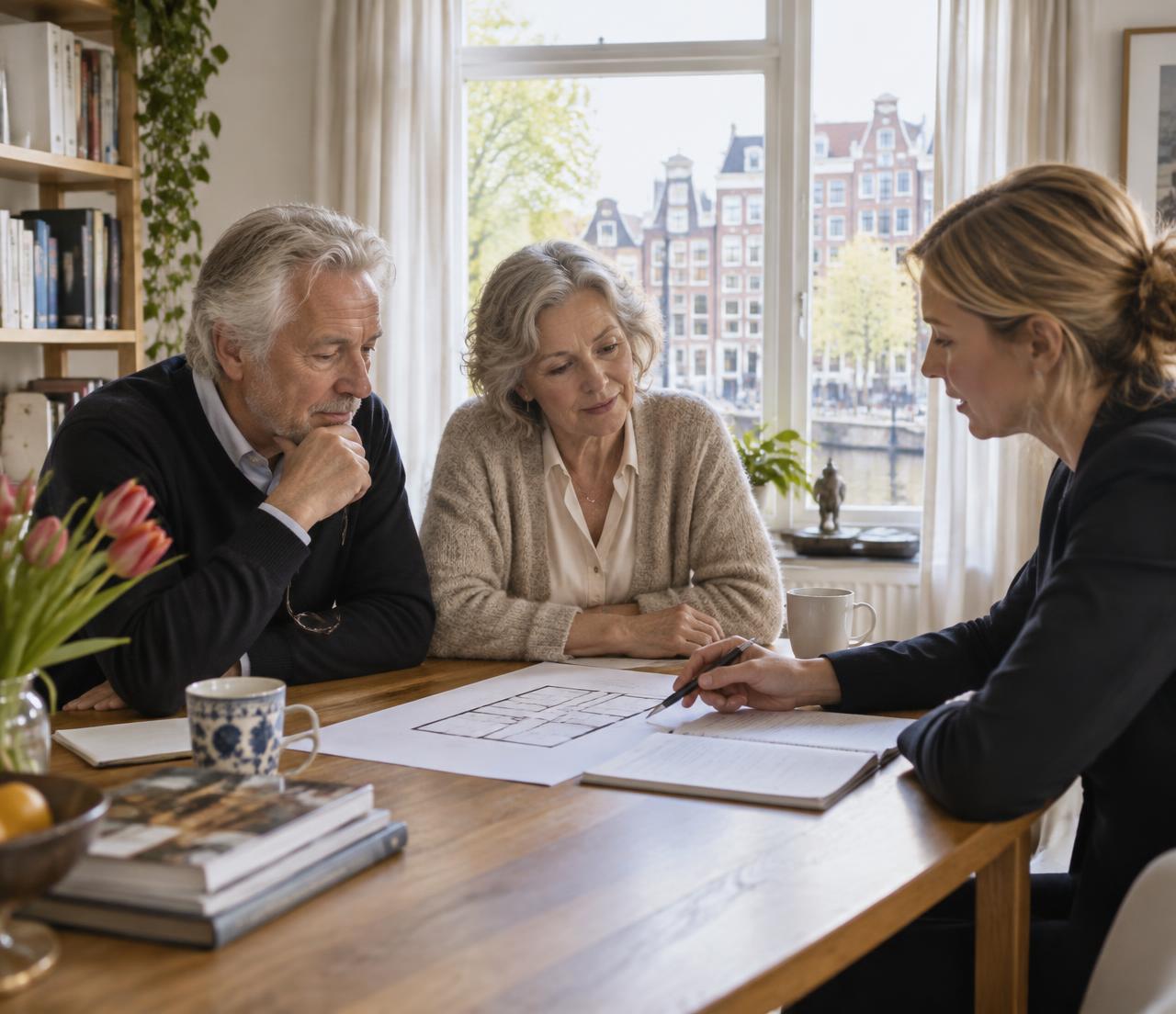 Amsterdams stel bespreekt thuis een woningplattegrond met een woonadviseur.