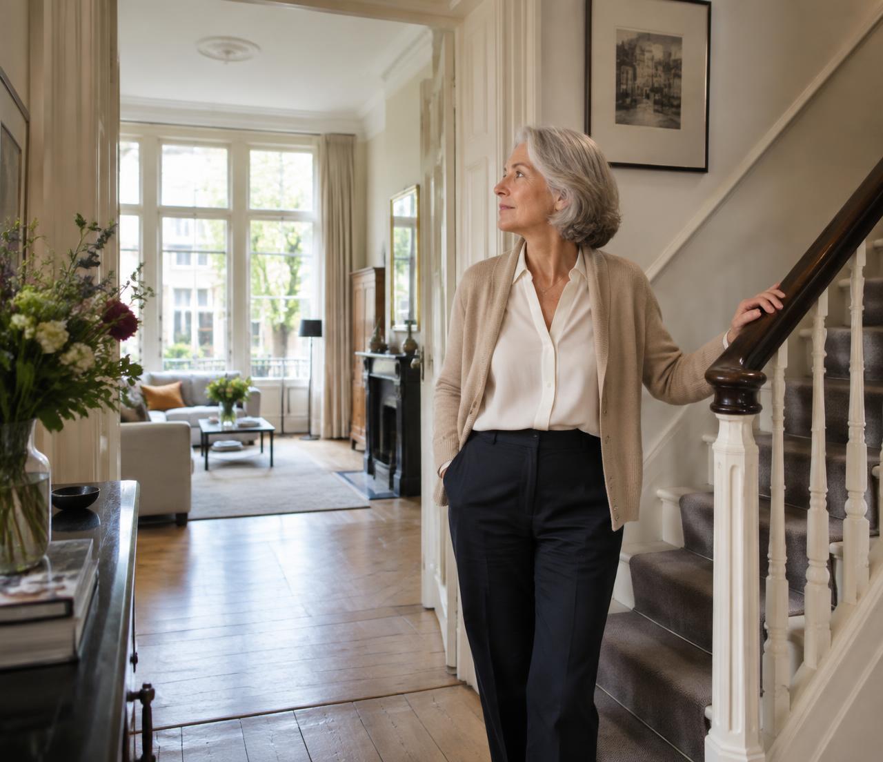Amsterdamse woningeigenaar staat in haar appartement bij de trap en denkt na over later prettig wonen.