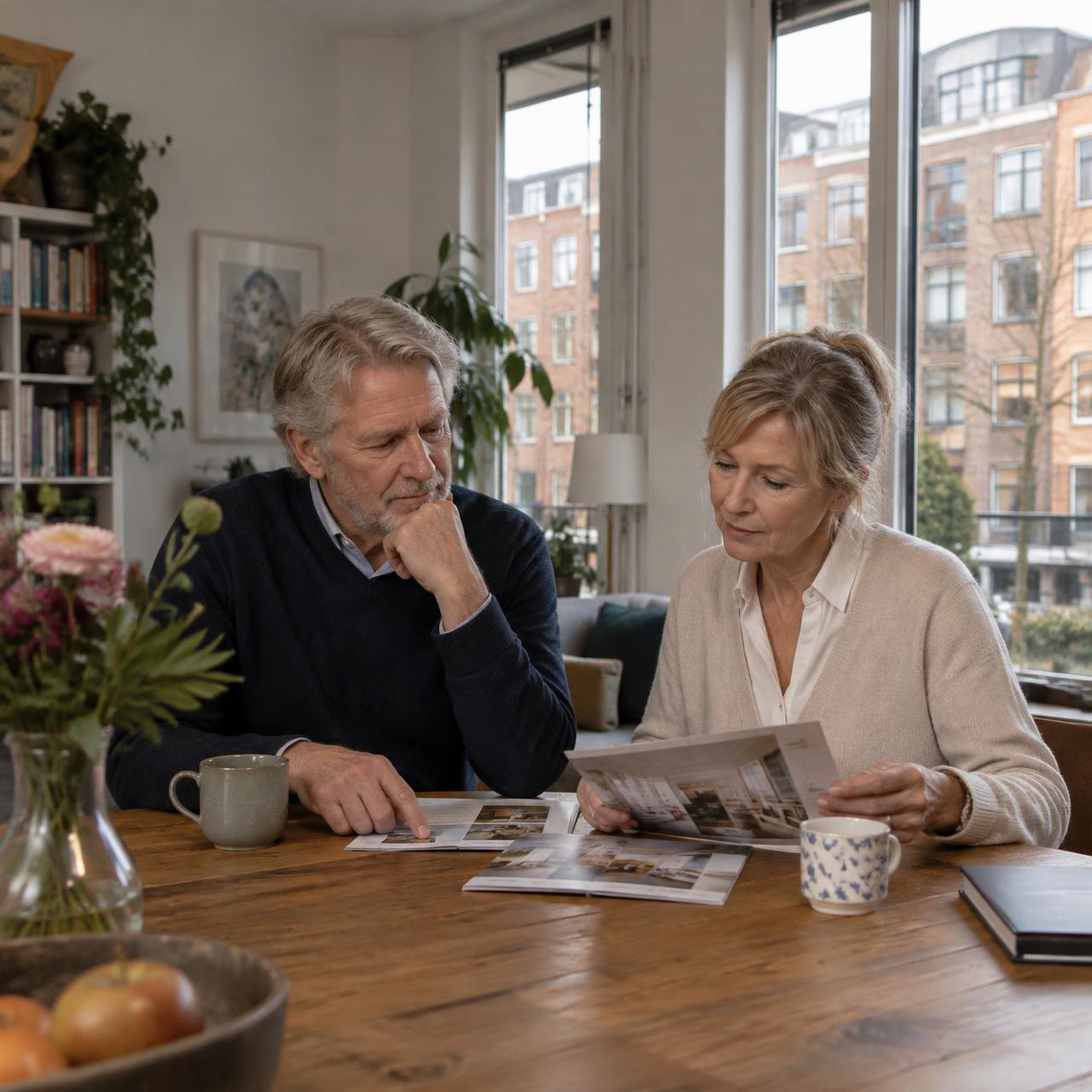 Amsterdams stel van rond de 70 bekijkt thuis rustig informatie over een volgende woning.