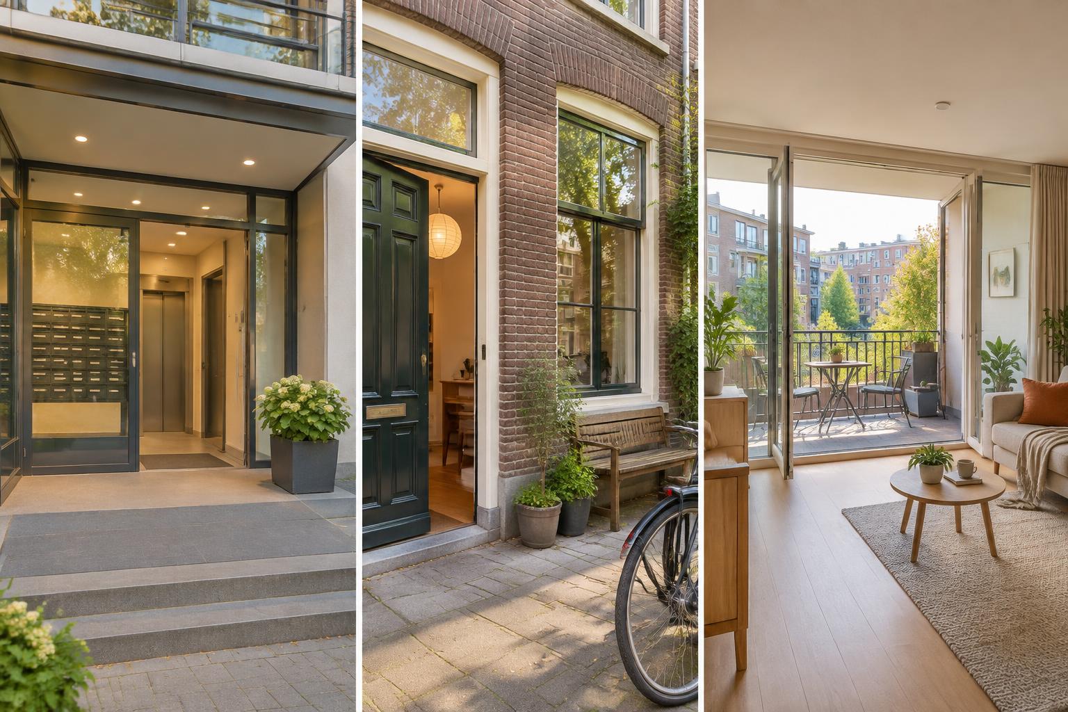 Drie Amsterdamse woonvormen: een appartement met lift, een begane-grondwoning en een modern appartement met balkon.