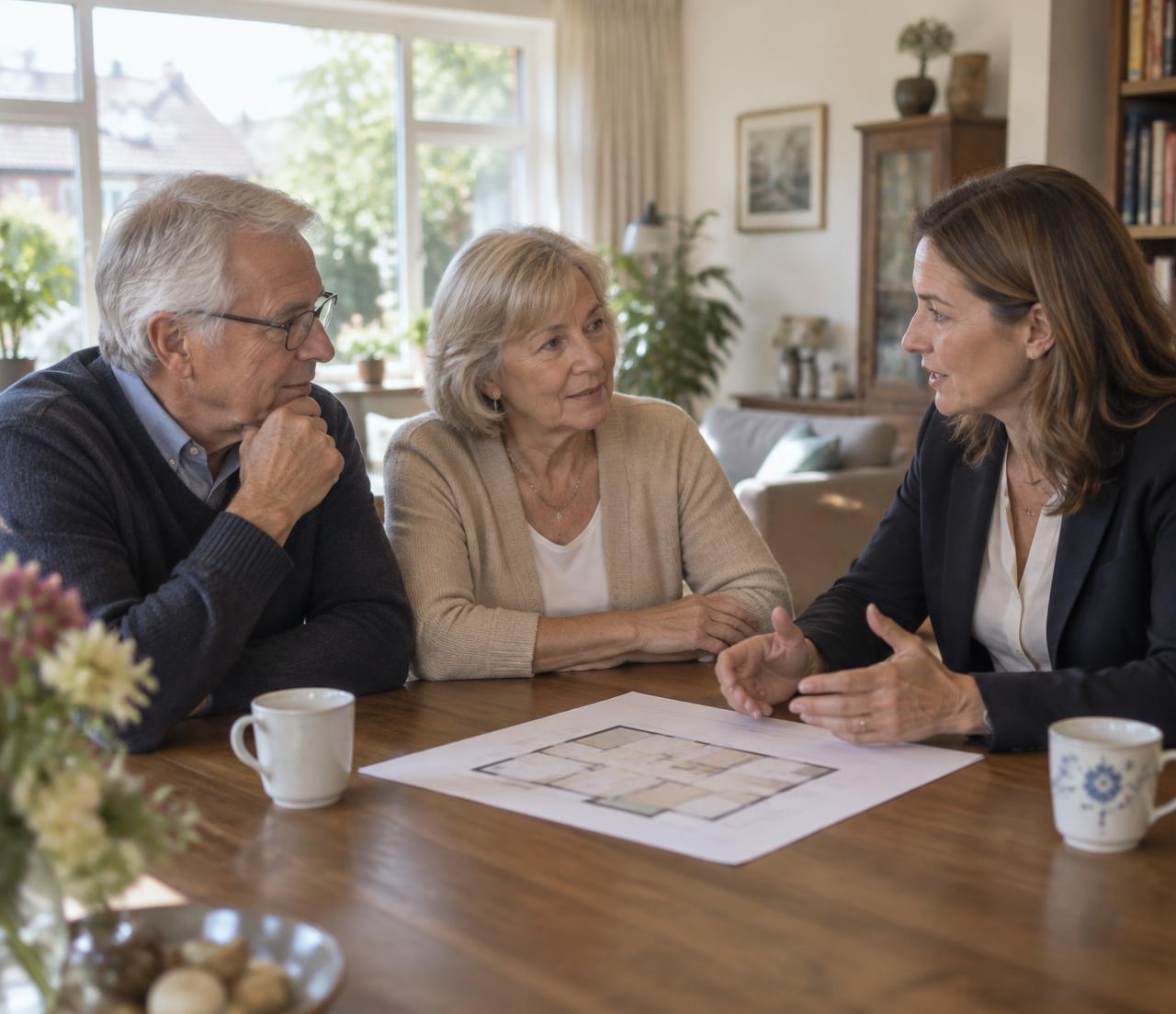 Nederlands stel bespreekt thuis rustig een woningplattegrond met een woonadviseur.