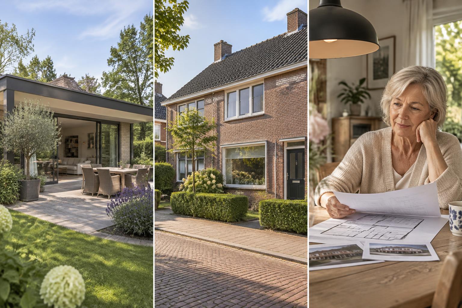 Drieluik met een specifieke gelijkvloerse woning, een goed verkoopbare Nederlandse koopwoning en een huiseigenaar die haar woonmogelijkheden bekijkt.