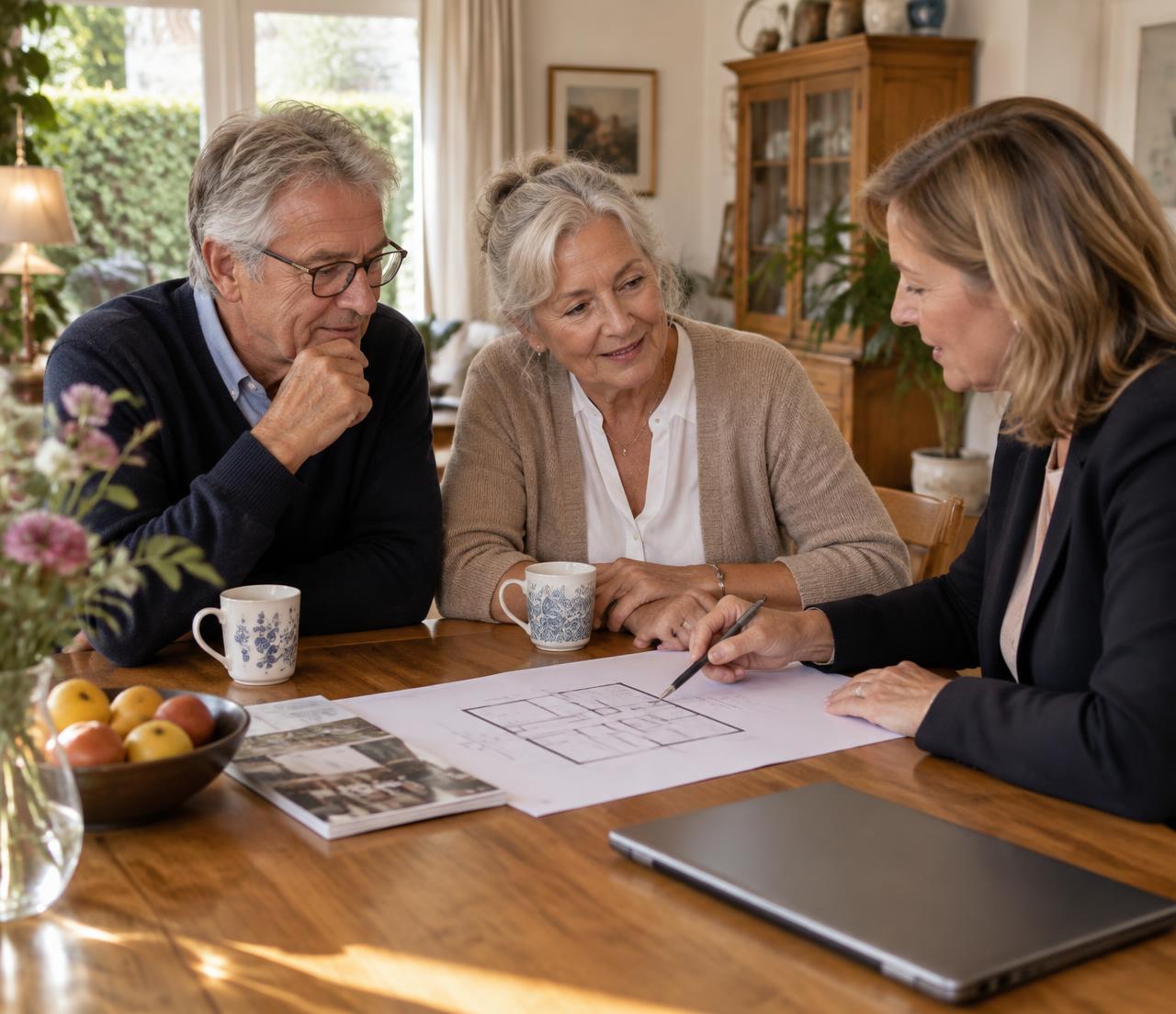 Nederlands stel van rond de 70 bespreekt thuis een woningplattegrond met een woonadviseur.