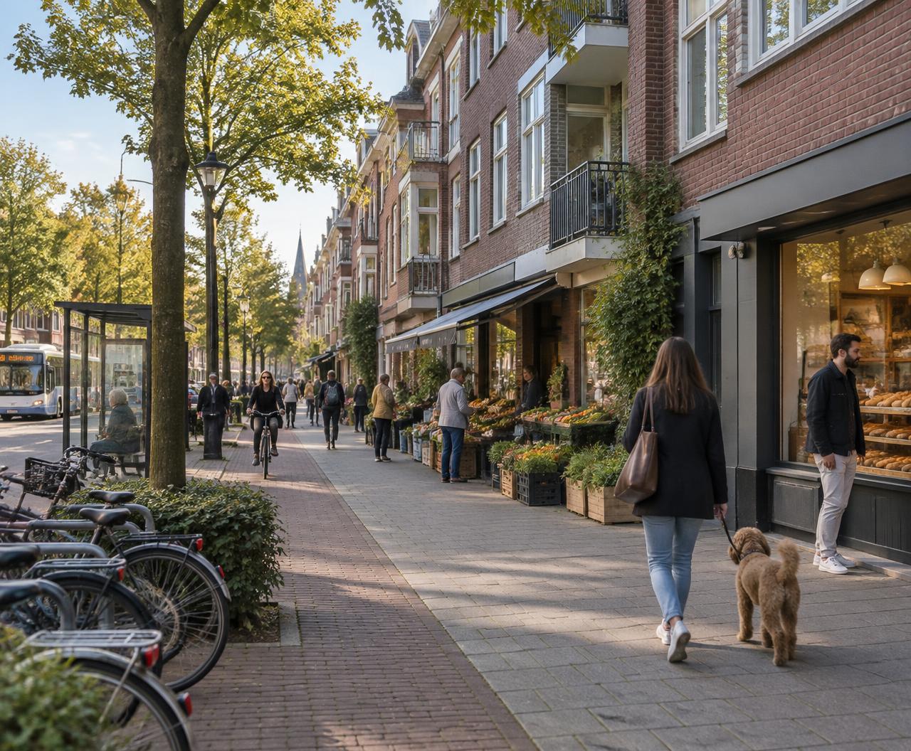 Levendige Nederlandse woonstraat met appartementen, winkels, fietsen en openbaar vervoer dichtbij.