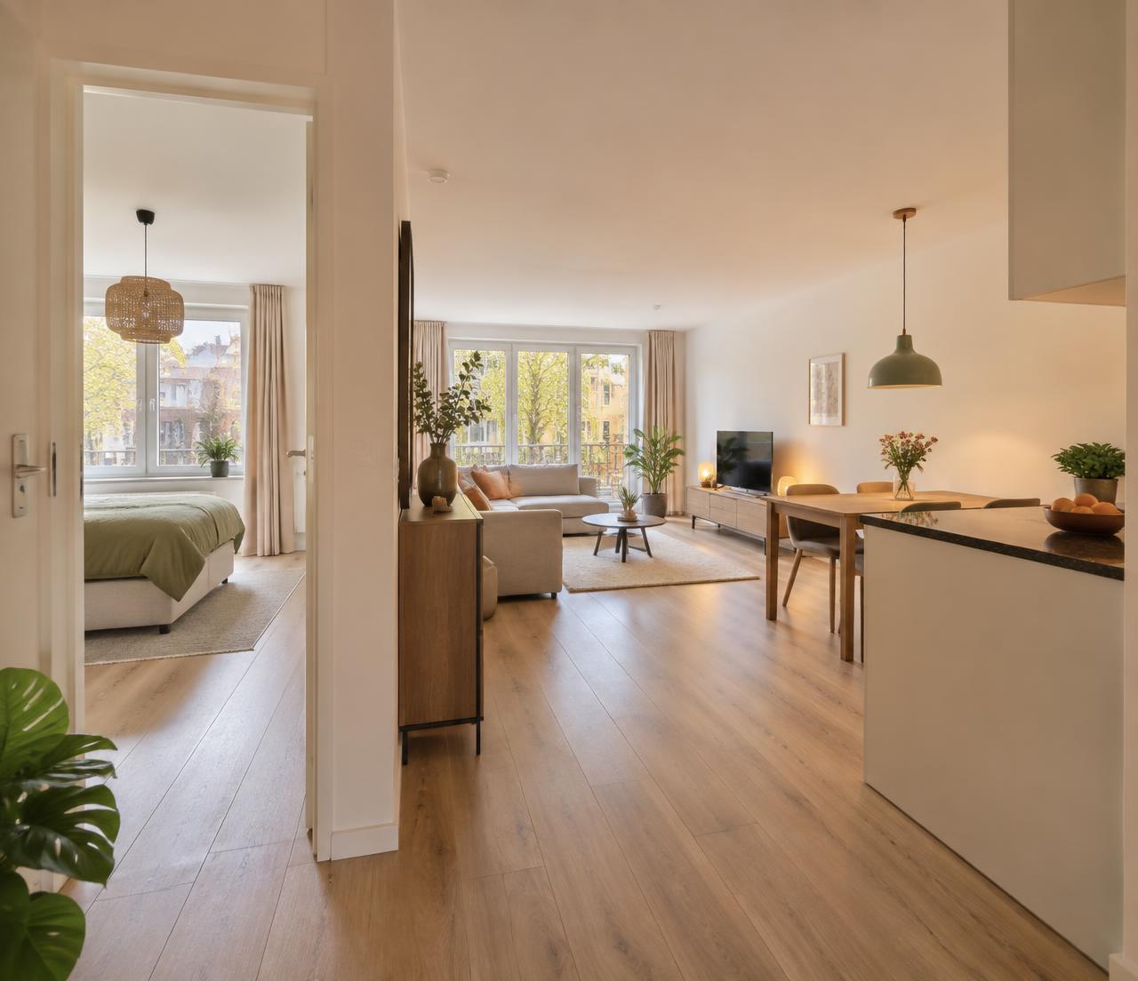 Open gelijkvloers appartement waarin woonkamer, keuken en slaapkamer zonder drempels verbonden zijn.