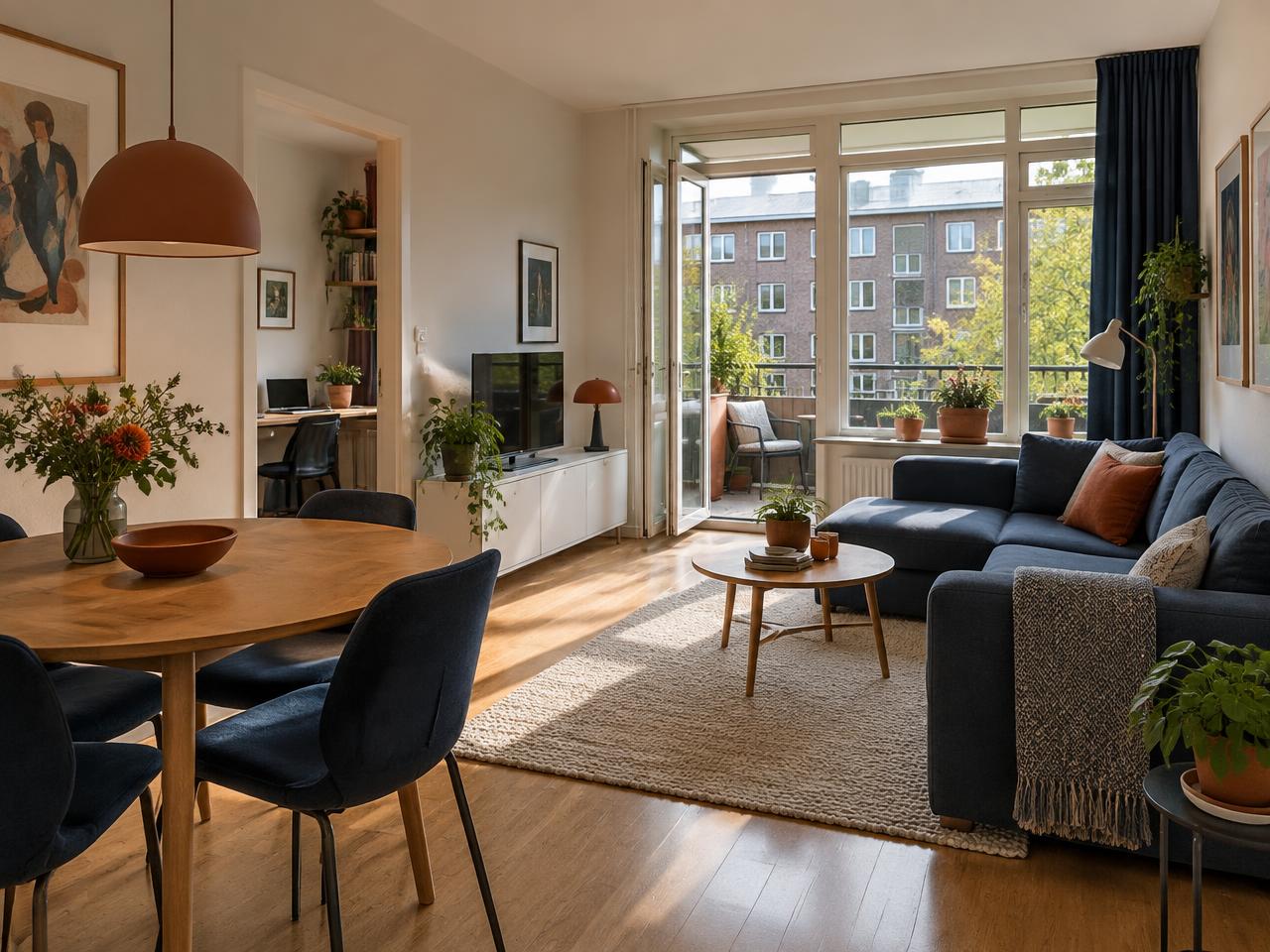 Ruime woonkamer van een praktisch Nederlands appartement met balkon en extra werkplek.