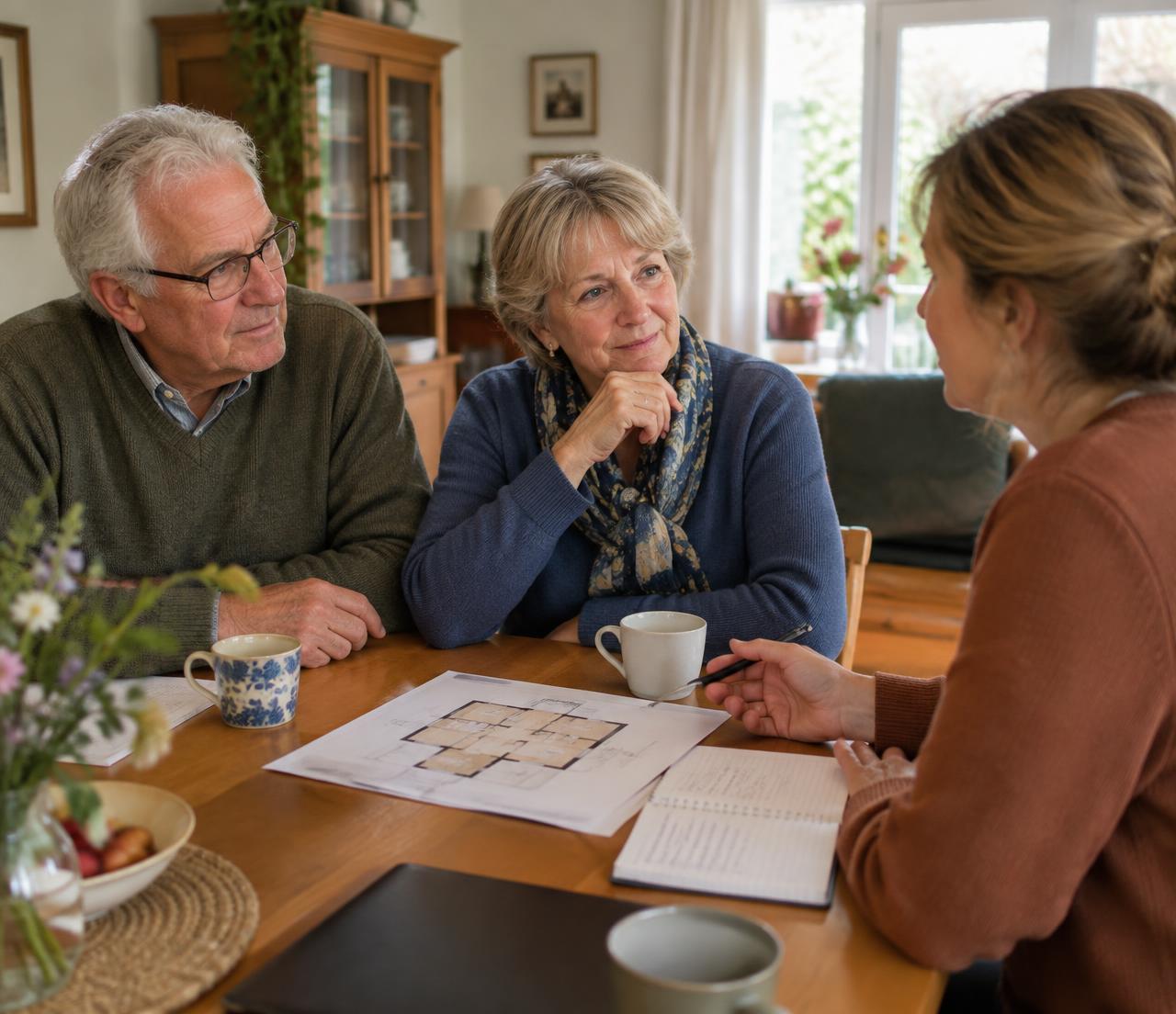 Nederlands stel van rond de 70 bespreekt thuis een woningplattegrond met een woonadviseur.