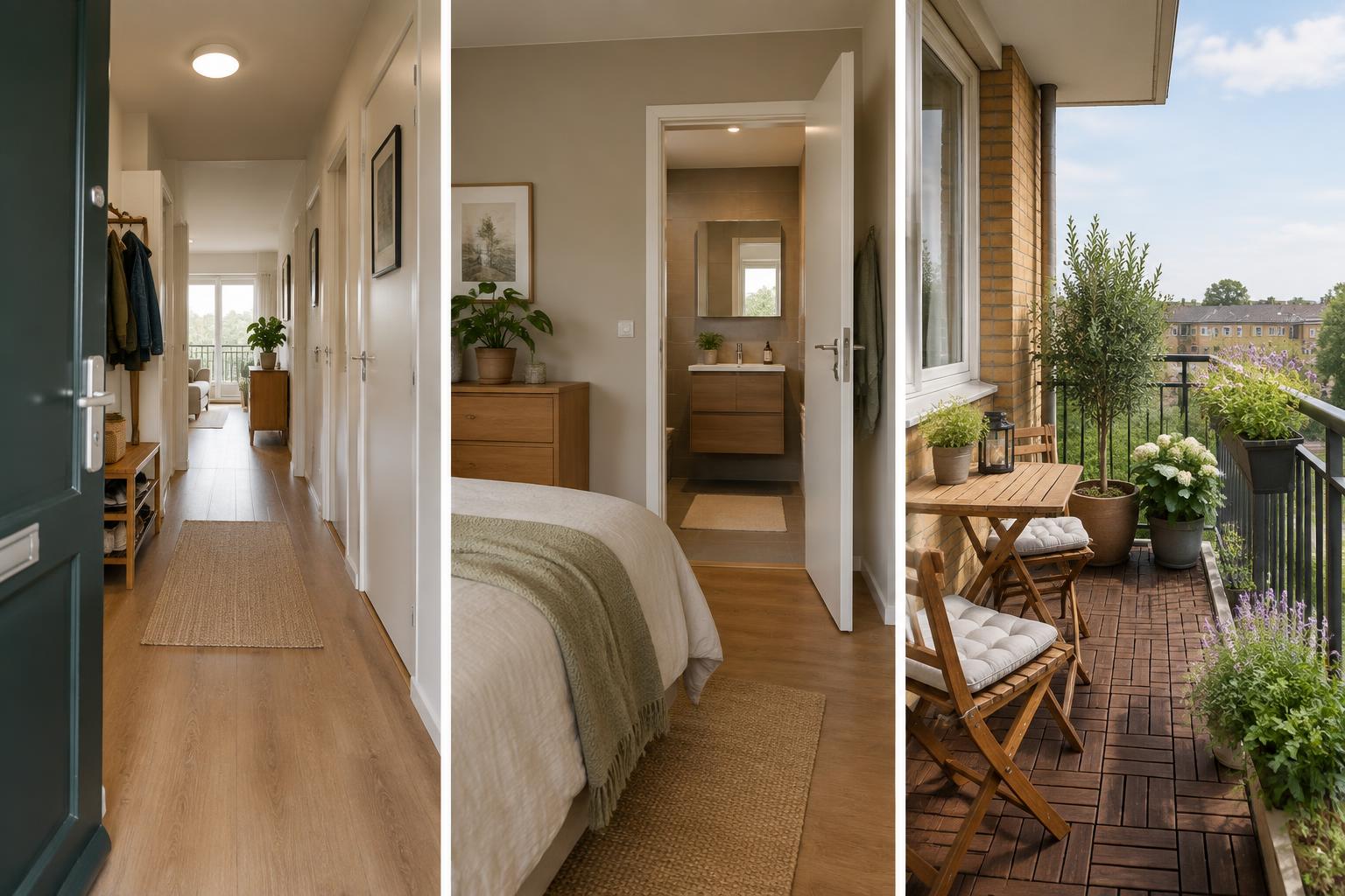 Drieluik met een brede woningentree, een slaapkamer naast de badkamer en een onderhoudsvriendelijk balkon.