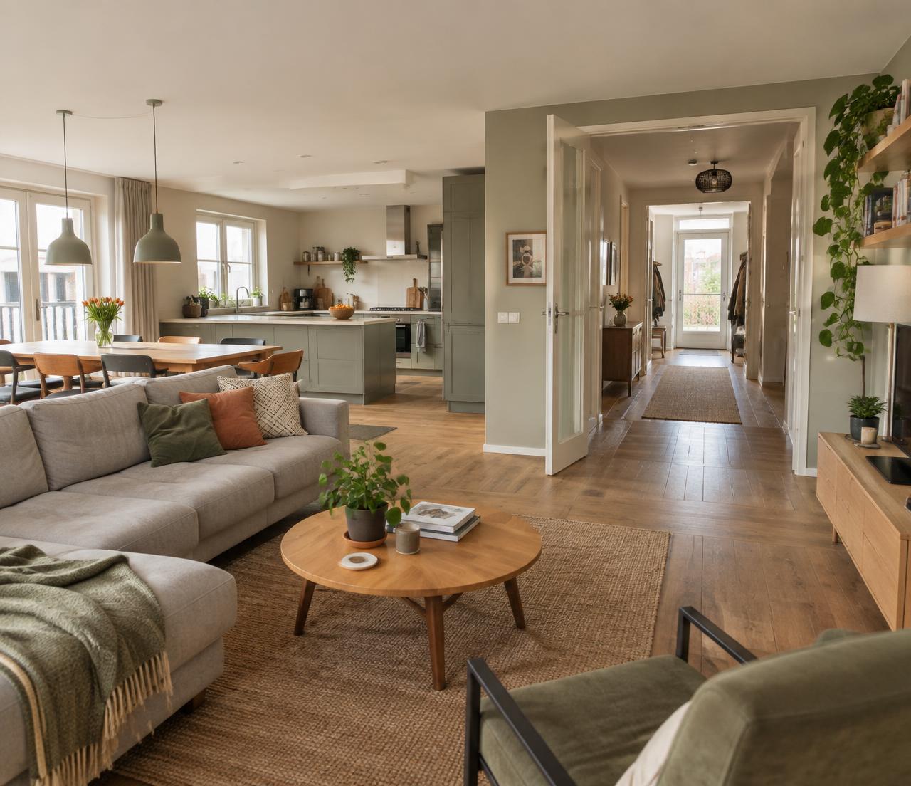 Praktisch Nederlands interieur met een brede doorgang tussen woonkamer, keuken en hal.
