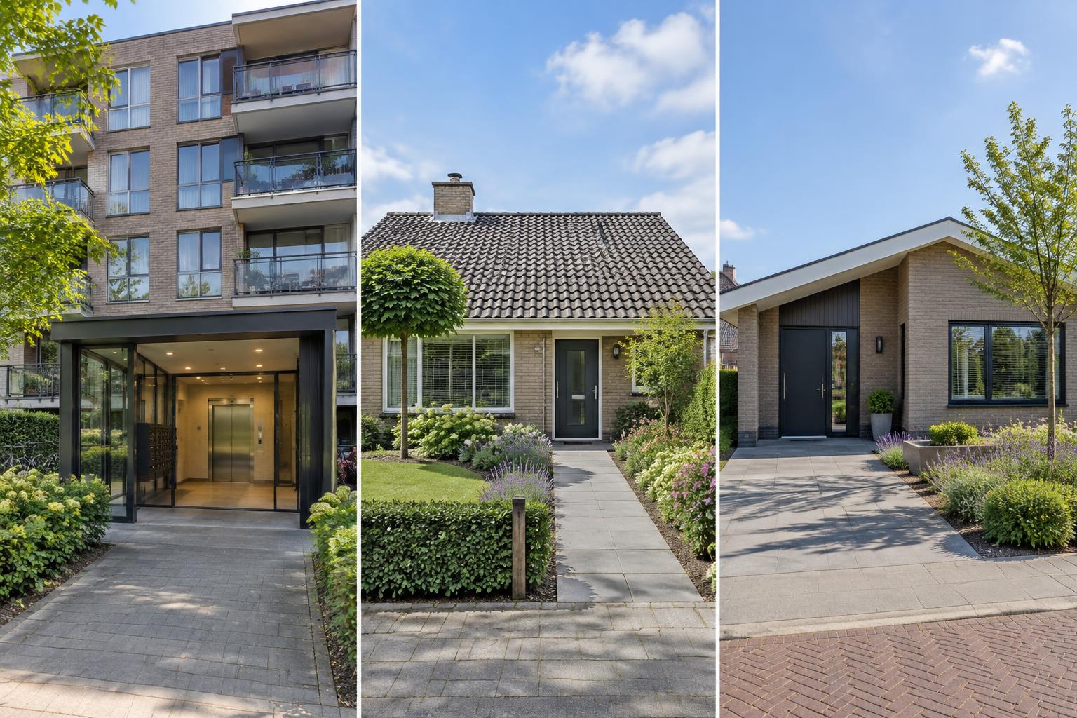 Drieluik met een Nederlands appartement met lift, een bungalow en een moderne gelijkvloerse woning.