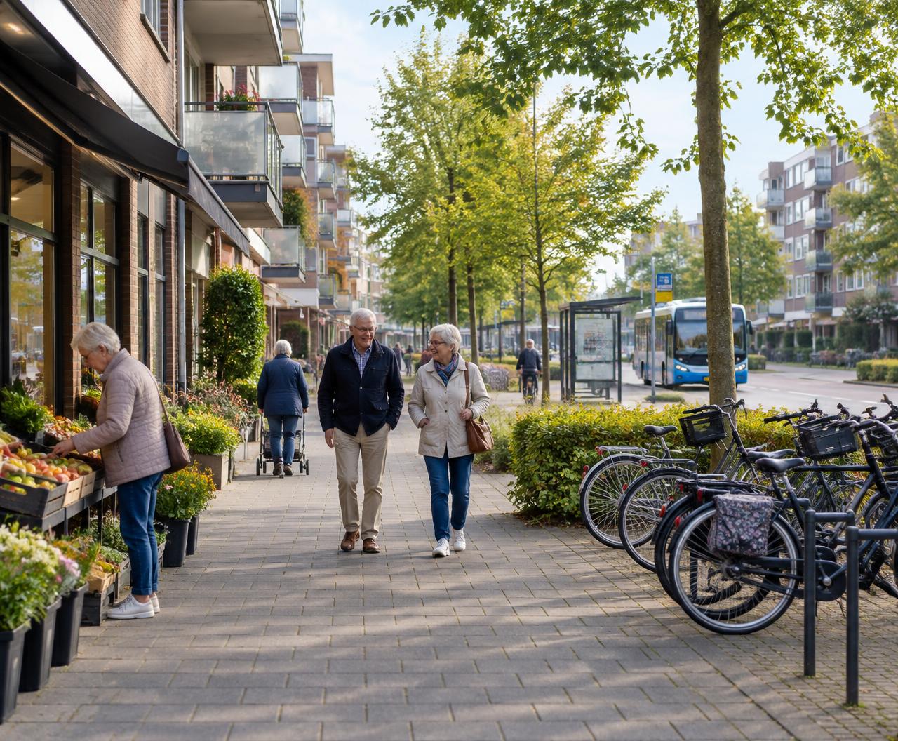 Nederlandse woonbuurt met appartementen, winkels, fietsen en openbaar vervoer dichtbij.