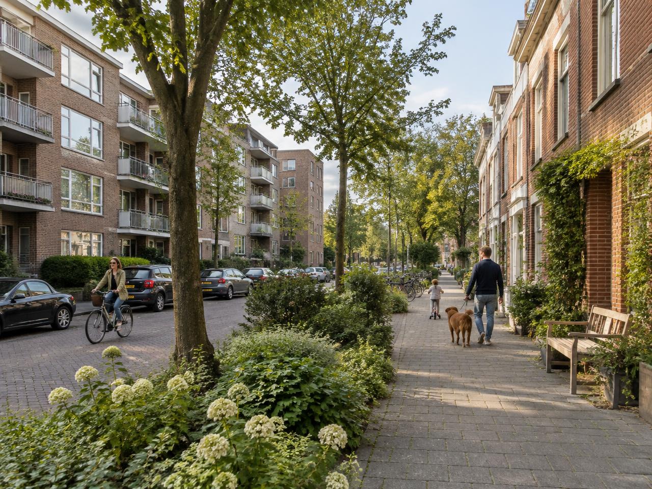 Groene Rotterdamse woonstraat met appartementen en gezinswoningen.