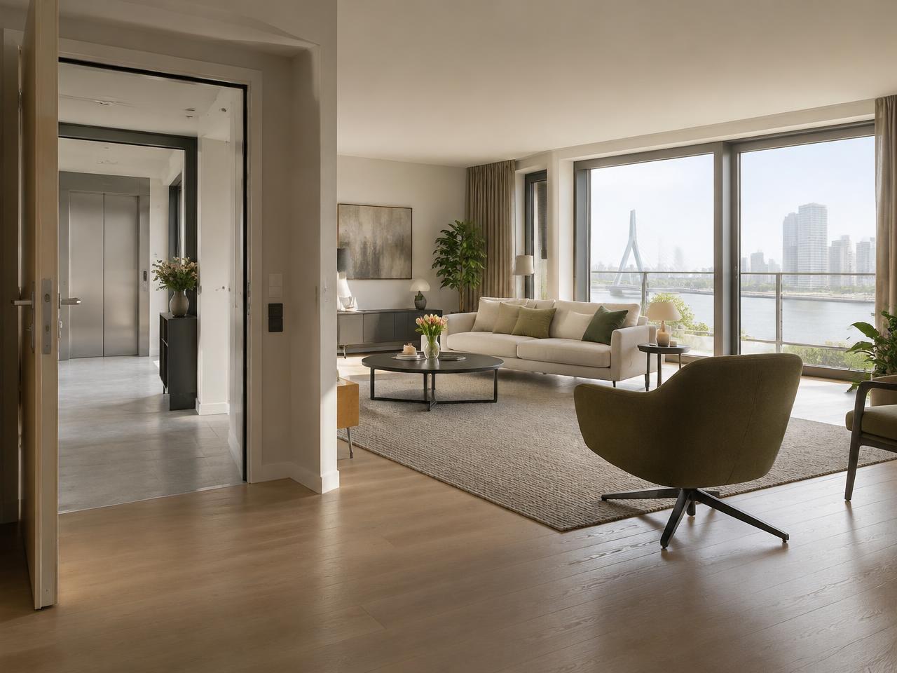 Licht en gelijkvloers appartement met ruime doorgangen en een lift nabij de woning.