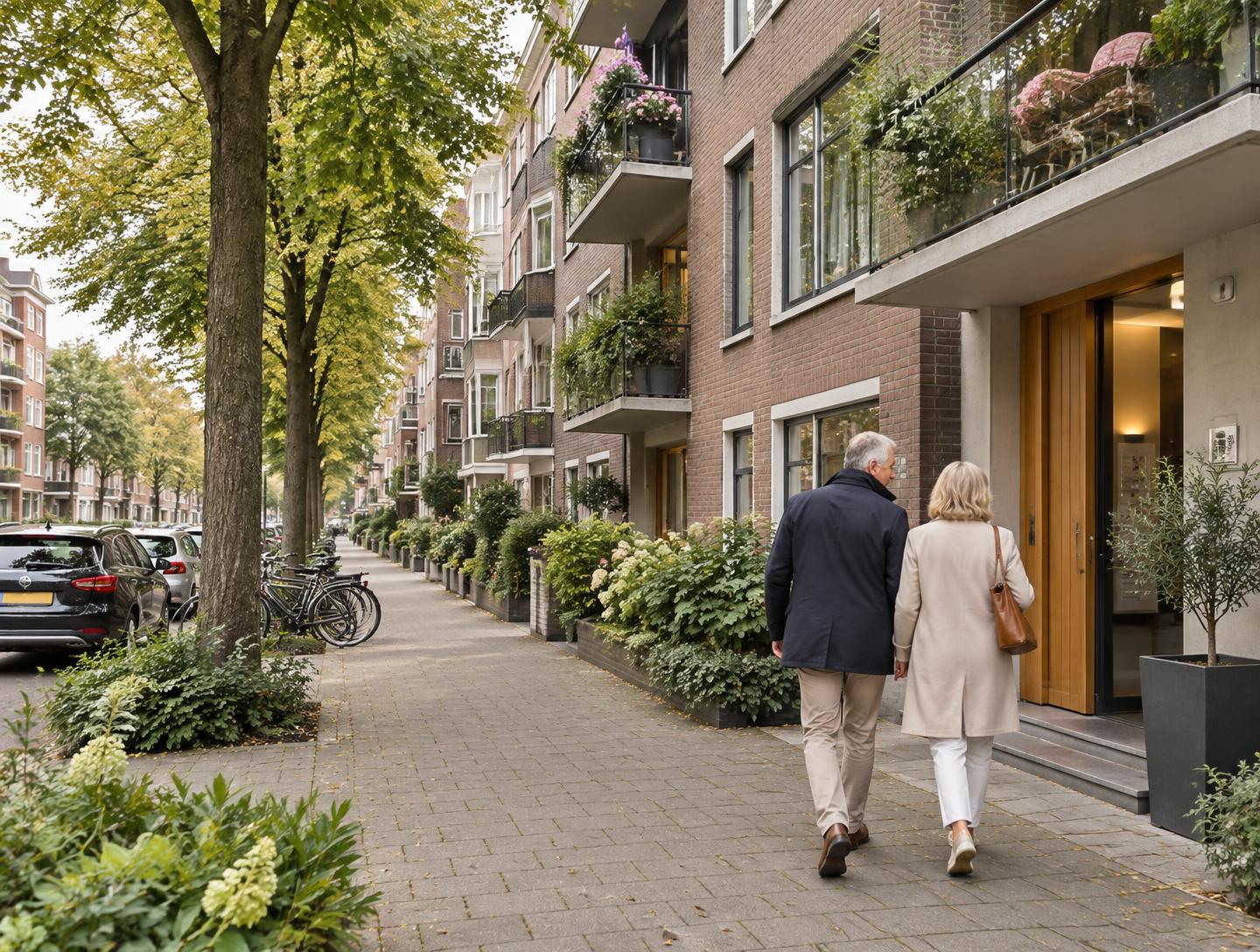 Vitaal stel loopt naar een appartement in een groene Rotterdamse woonstraat.