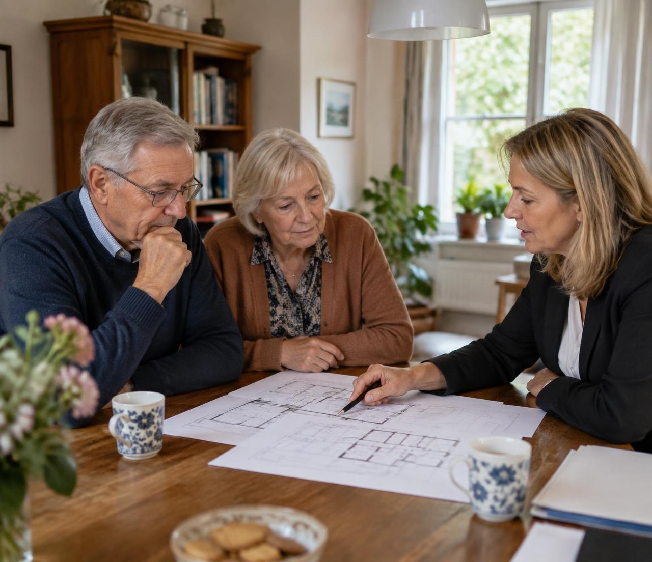 Nederlands stel bespreekt in de eigen woonkamer rustig een woningplattegrond met een adviseur.