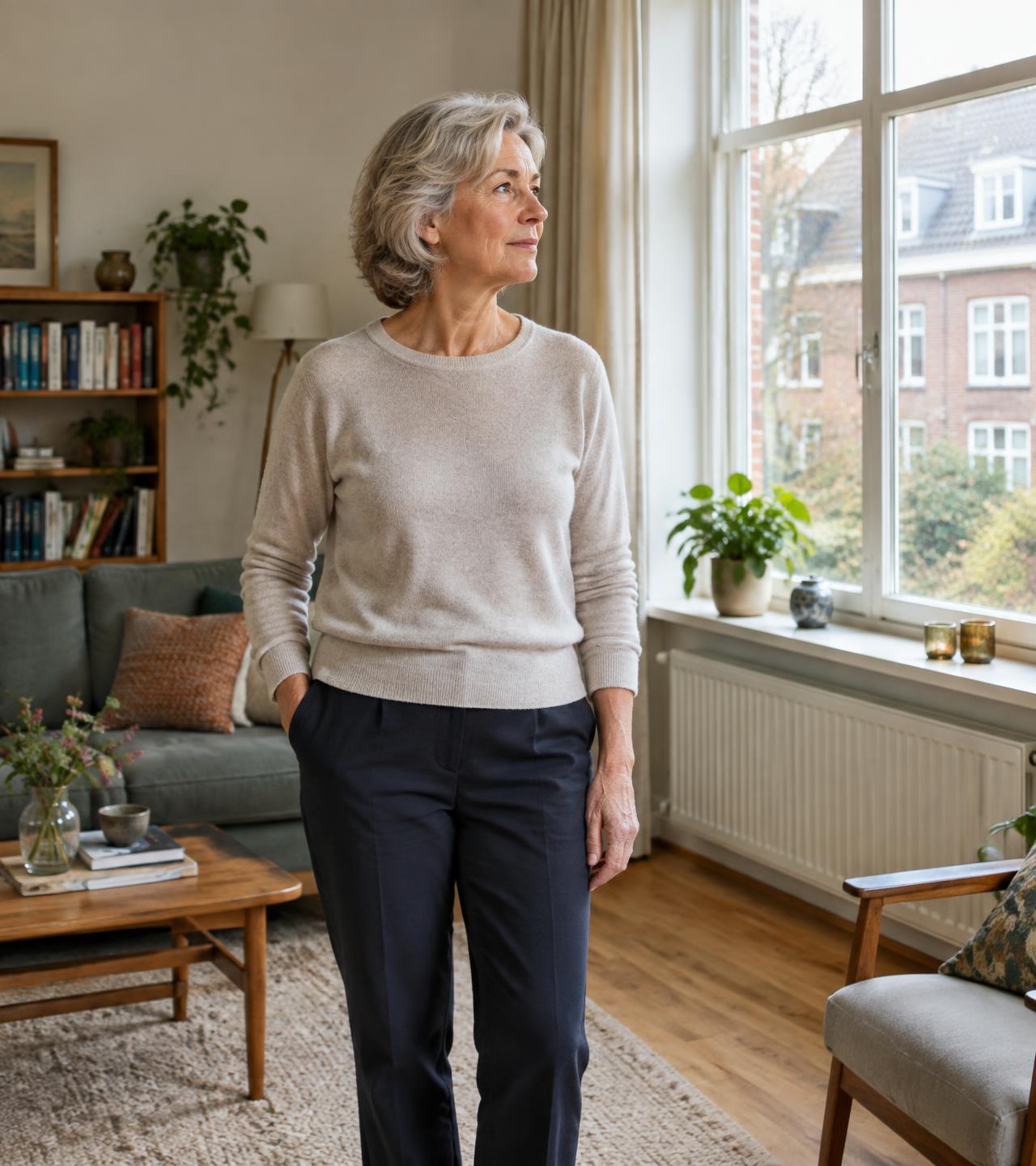 Vrouw van rond de 65 jaar kijkt vanuit haar woonkamer naar buiten en denkt na over haar volgende woning.