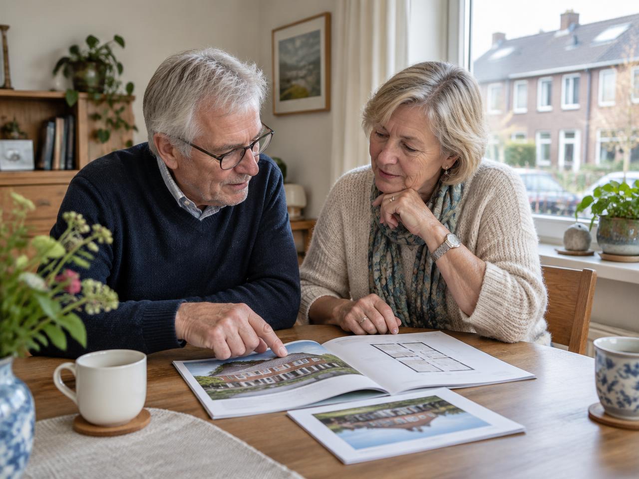 Nederlands stel van rond de 70 jaar bespreekt thuis een mogelijke volgende woning aan de eettafel.