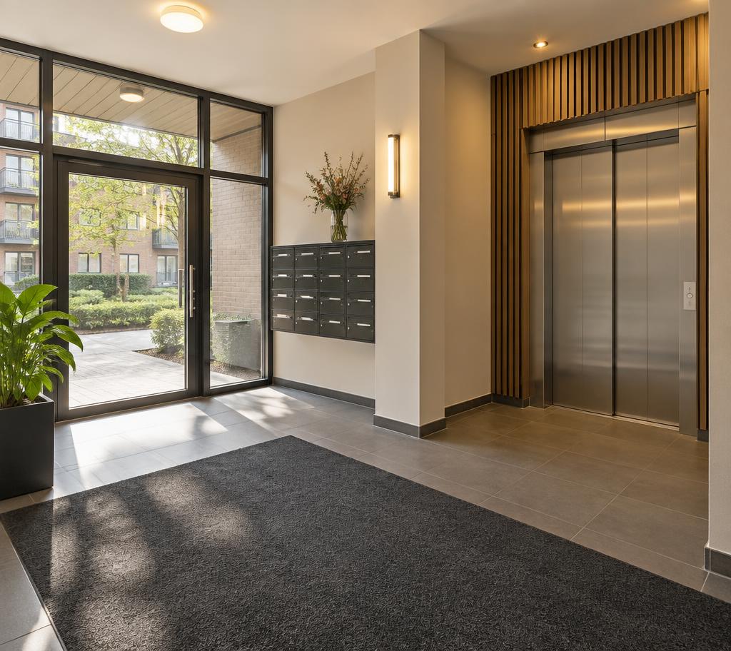 Entree van een Nederlands appartementencomplex met een lift naast de voordeur.