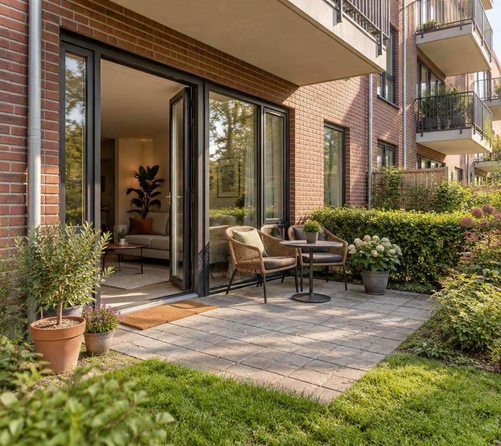 Begane-grondappartement met een gelijkvloerse doorgang naar een compact terras.
