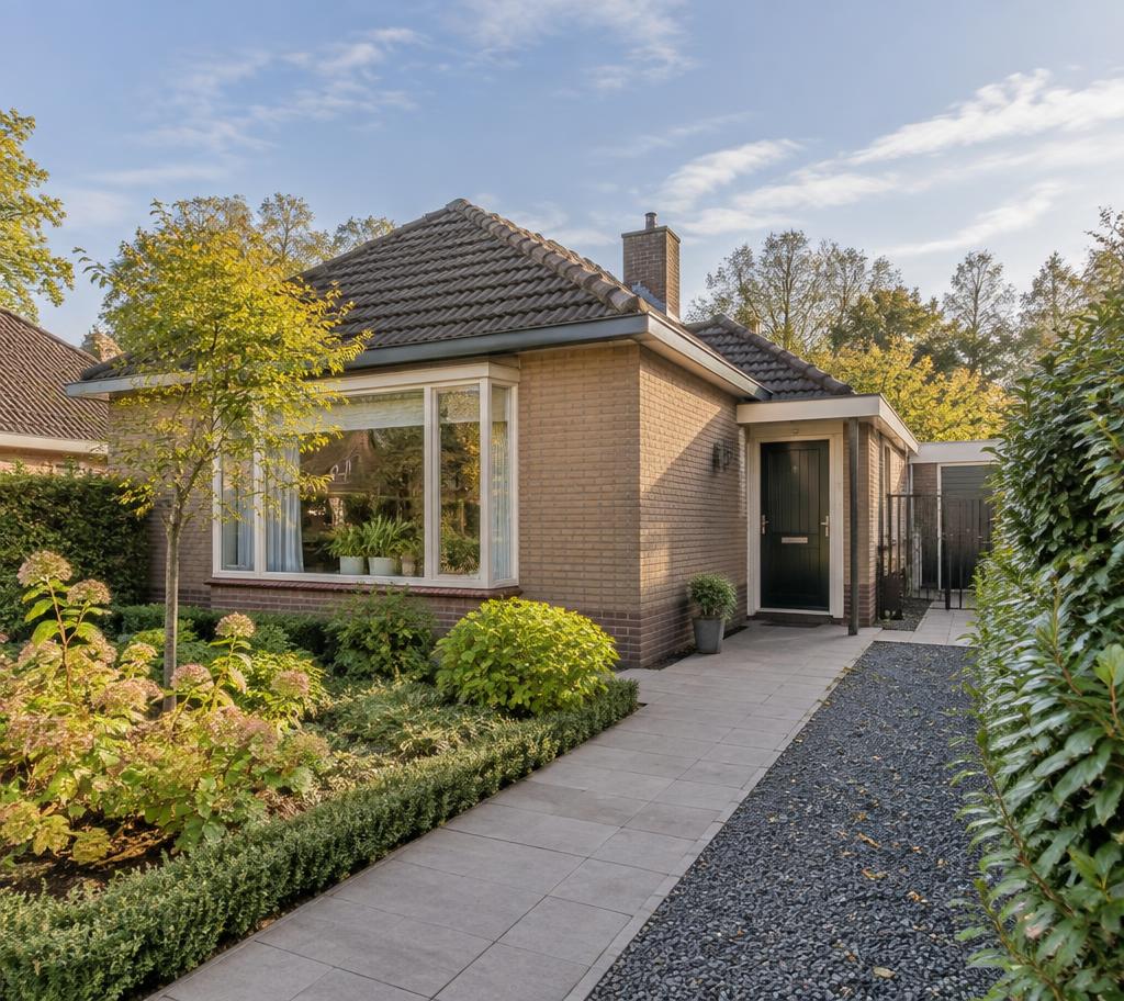 Nederlandse bungalow met een vlak pad naar de entree en een verzorgde tuin.