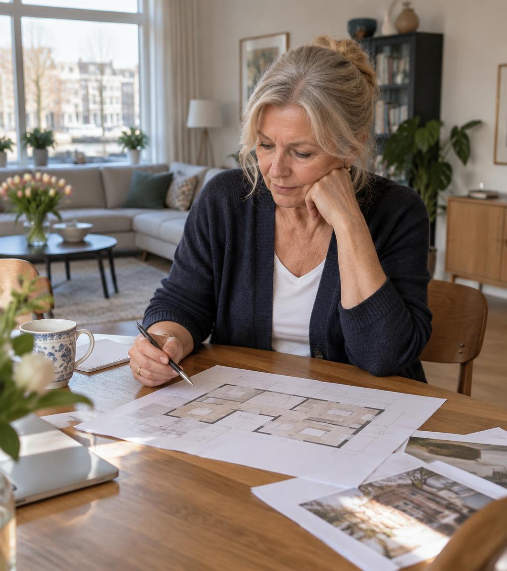 Een Nederlandse vrouw van rond de 65 jaar bekijkt rustig een plattegrond en enkele documenten aan de eettafel in haar lichte woonkamer.