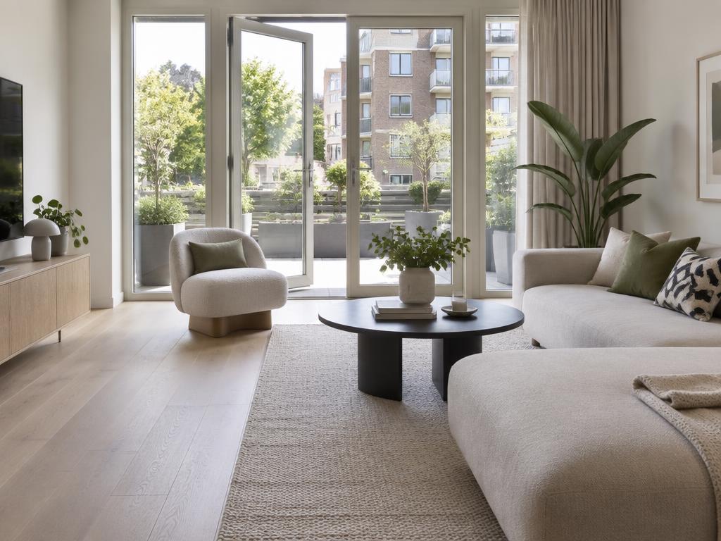 Woonkamer van een gelijkvloers Nederlands appartement met openslaande deuren naar een klein terras.
